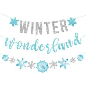 SUNBEAUTY Winter Wonderland Banners Silver Glittery Snowflake Banner Let It Snow Sign Banner Snowflake Christmas Hanging Decor for Holiday Wall Decor Winter Baby Shower Christmas Frozen Party Supplies(Winter Wonderland)
