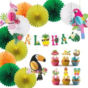 Summer Hawaiian Party Decoration Parrot Honeycomb Hanging Paper Fans Pineapple Aloha Banner for Hawaiian Luau Beach Birthday Wedding Party Supplies SUNBEAUTY