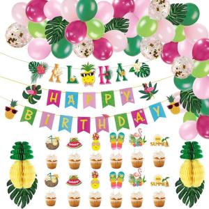 Tropical Balloons Garland Kit Summer Birthday Party Supplies Aloha Birthday Banner Summer Cupcake Toppers Pineapple Honeycomb Balls for Hawaiian Beach Pool Luau Birthday Party Supplies SUNBEAUTY