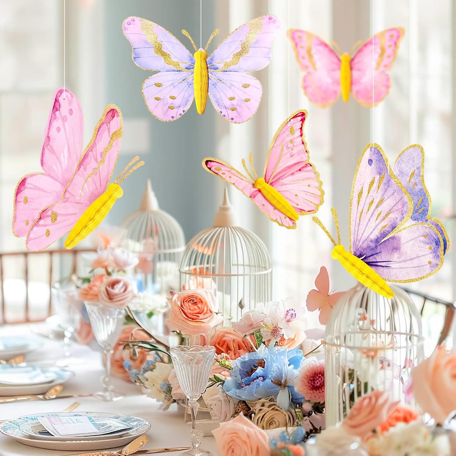 imageSUNBEAUTY 10 Pcs Butterfly Party Decorations 3D Birthday Decoration Pink Purple Hanging Honeycomb Decor for Girls Women Birthday Baby Shower Wedding Garden Party Supplies Pink Purple Butterfly