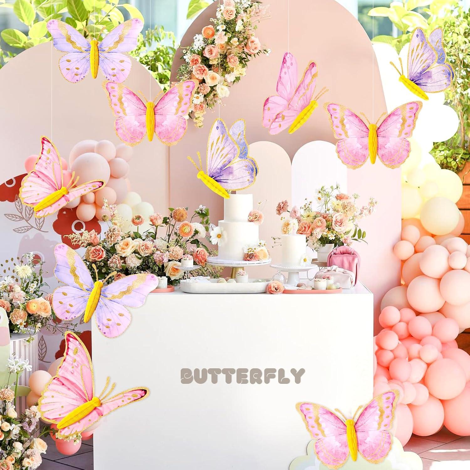 imageSUNBEAUTY 10 Pcs Butterfly Party Decorations 3D Birthday Decoration Pink Purple Hanging Honeycomb Decor for Girls Women Birthday Baby Shower Wedding Garden Party Supplies Pink Purple Butterfly