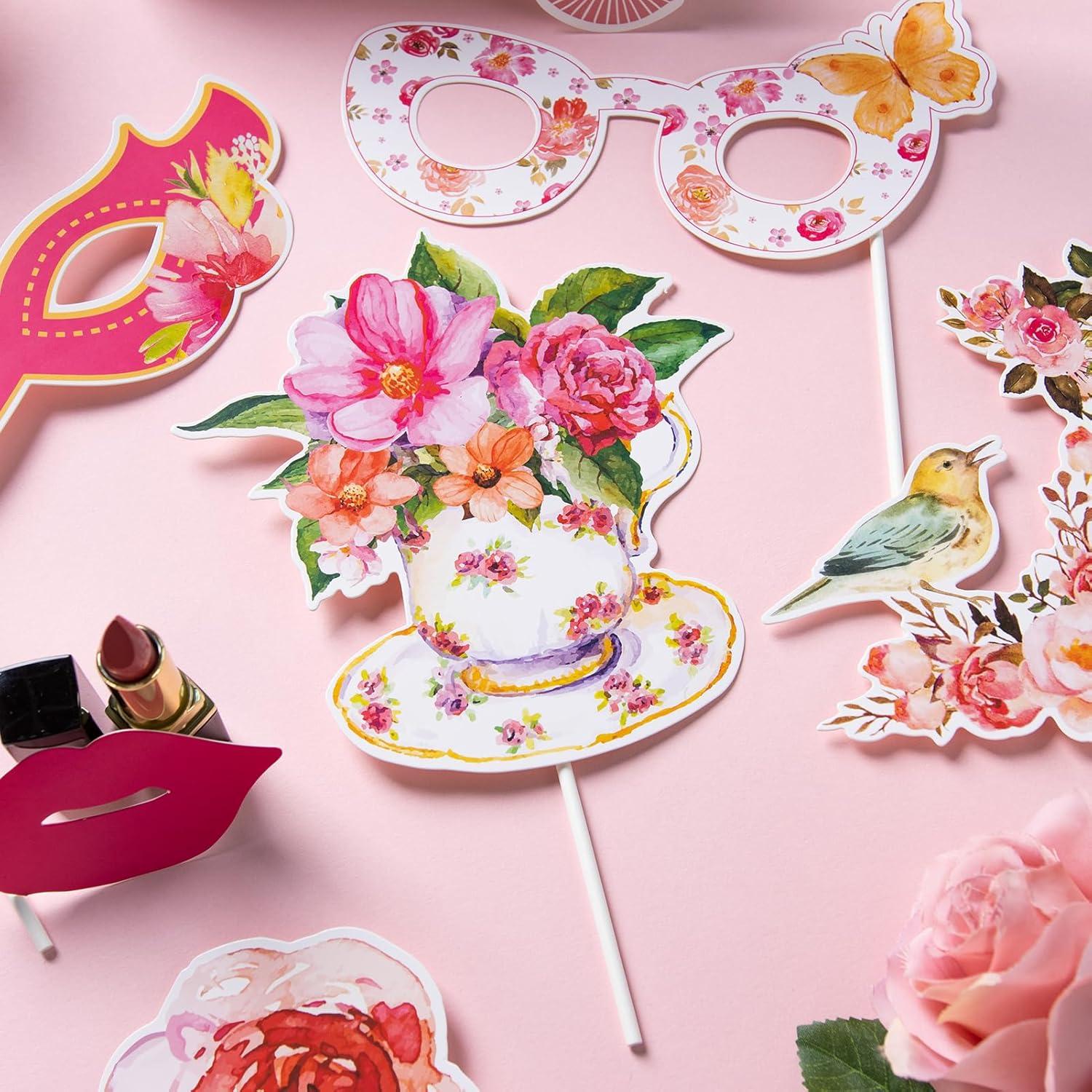 imageSUNBEAUTY 14 Pcs Tea Party Photo Booth Props Tea Party Decorations Alice in Wonderland Party Supplies Garden Party Bridal Shower for Girls WomenTea Party