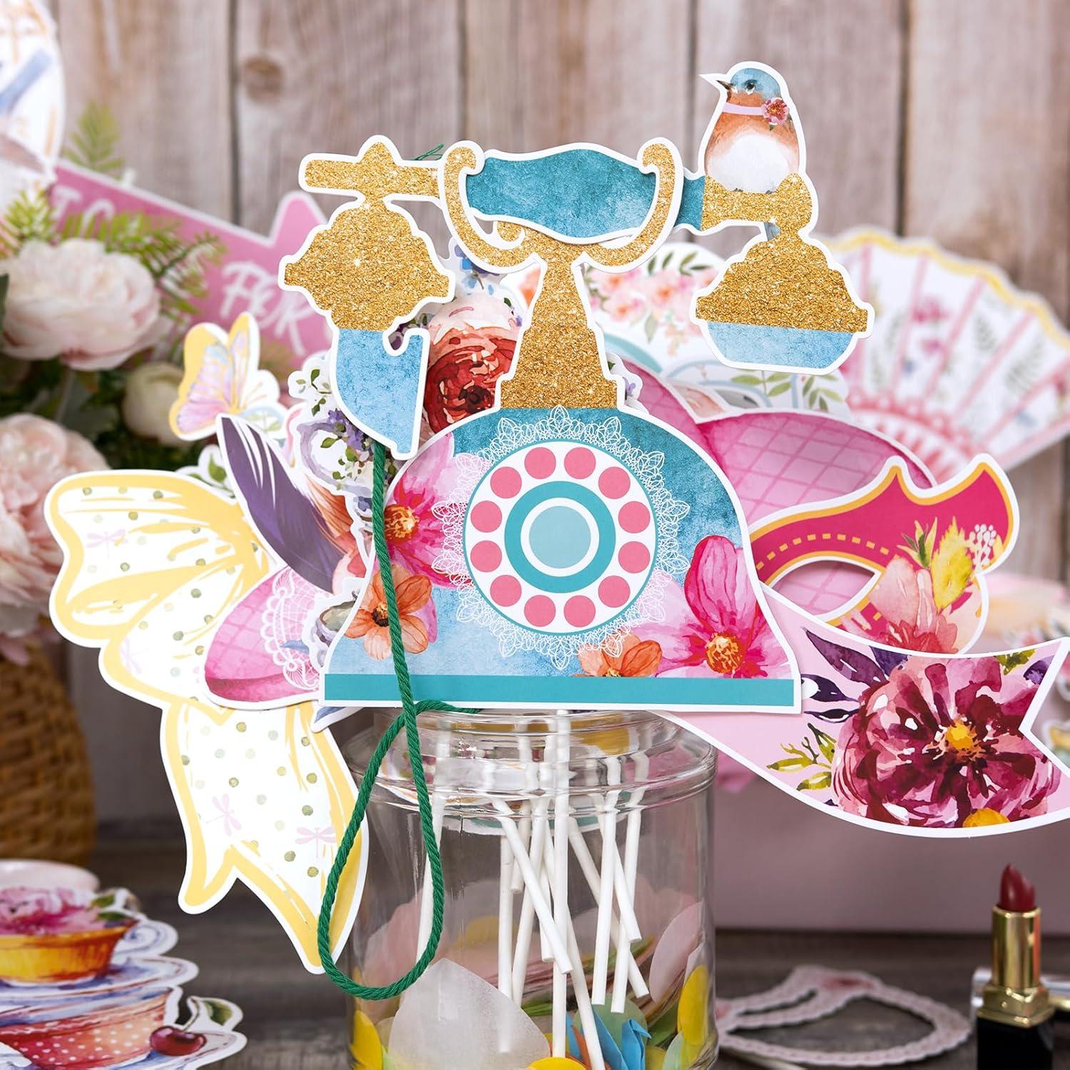 imageSUNBEAUTY 14 Pcs Tea Party Photo Booth Props Tea Party Decorations Alice in Wonderland Party Supplies Garden Party Bridal Shower for Girls WomenTea Party