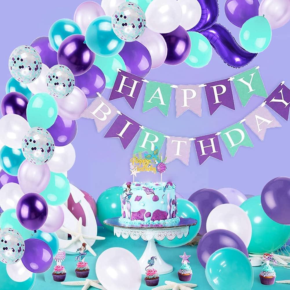 imageSUNBEAUTY Mermaid Birthday Party Balloons Garlands Kit Happy Birthday Banners Mermaid Cake Toppers Mermaid Tail Ballon Garland Set For Girls Mermaid Ocean Birthday Baby Shower Party Decorations