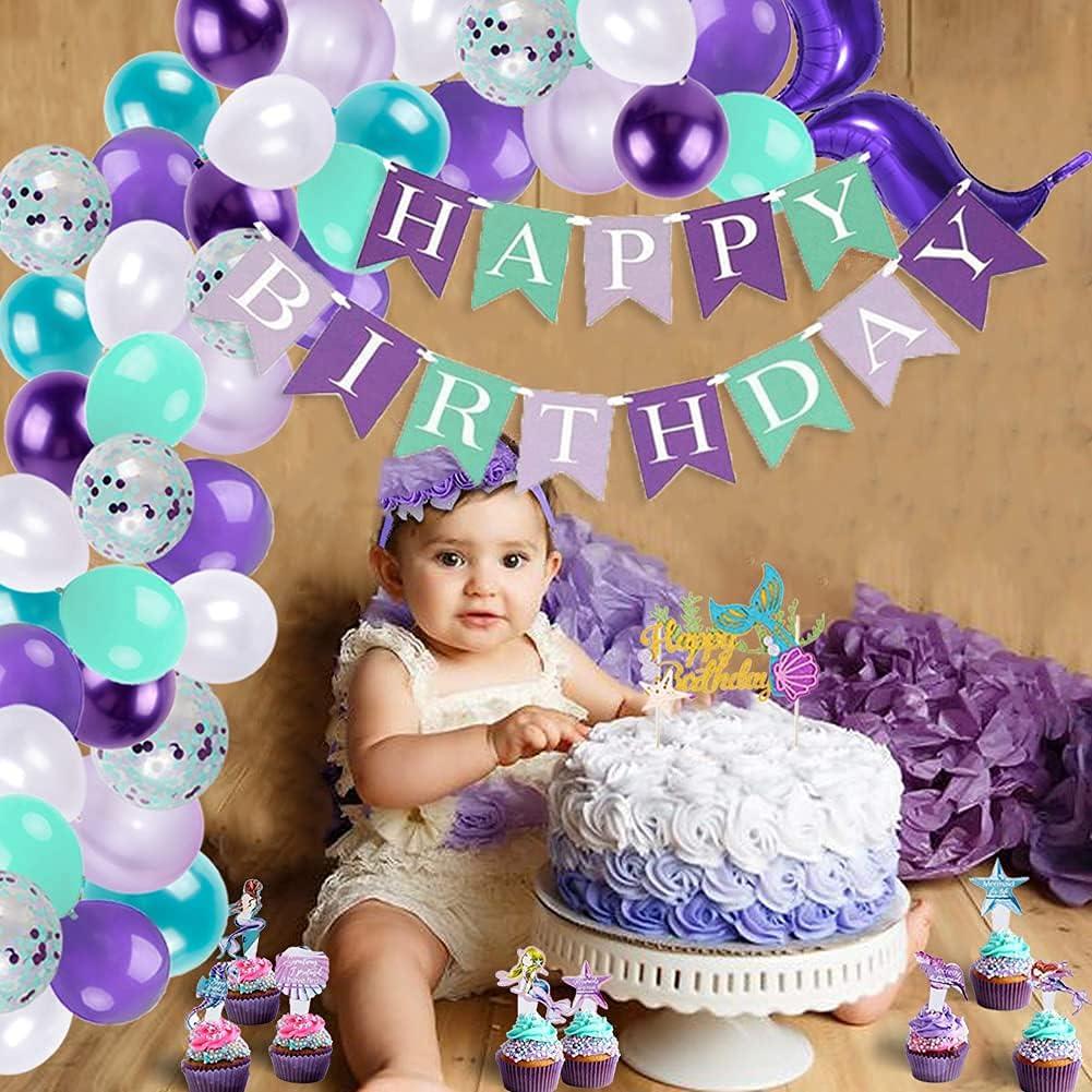 imageSUNBEAUTY Mermaid Birthday Party Balloons Garlands Kit Happy Birthday Banners Mermaid Cake Toppers Mermaid Tail Ballon Garland Set For Girls Mermaid Ocean Birthday Baby Shower Party Decorations