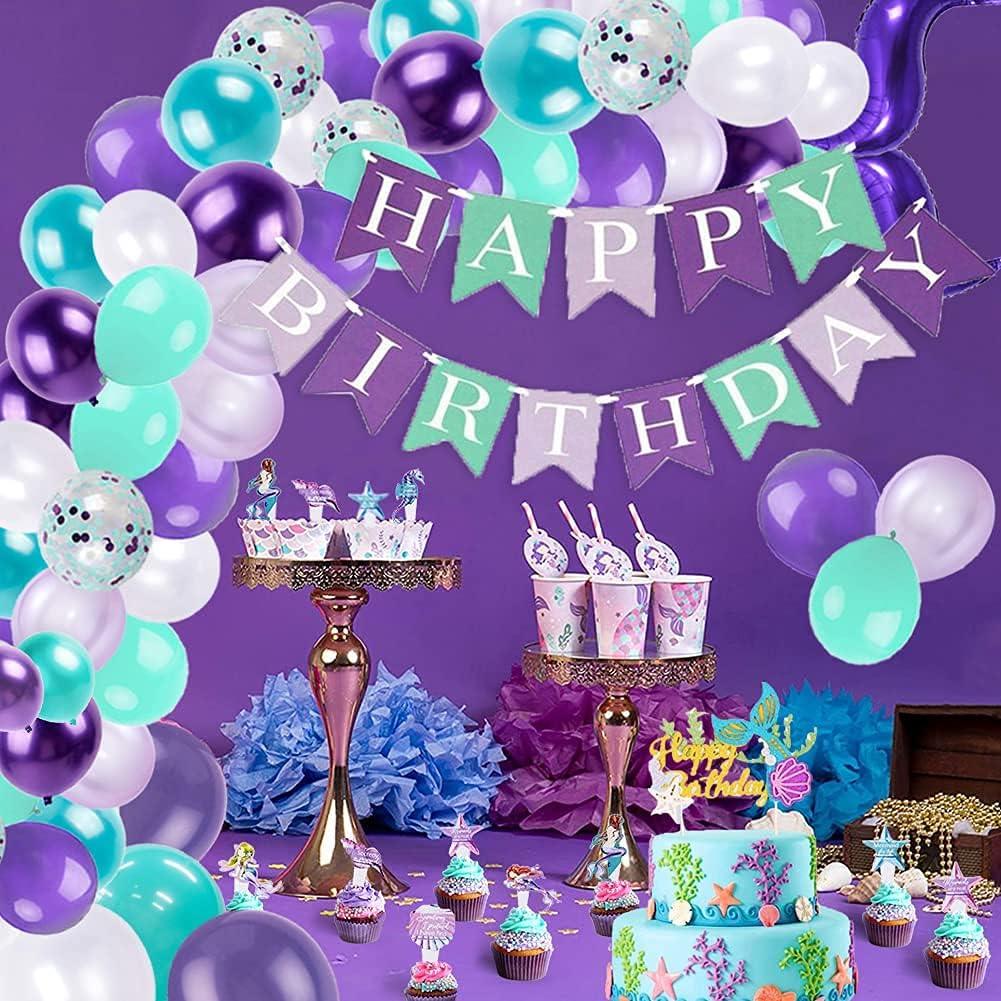 imageSUNBEAUTY Mermaid Birthday Party Balloons Garlands Kit Happy Birthday Banners Mermaid Cake Toppers Mermaid Tail Ballon Garland Set For Girls Mermaid Ocean Birthday Baby Shower Party Decorations