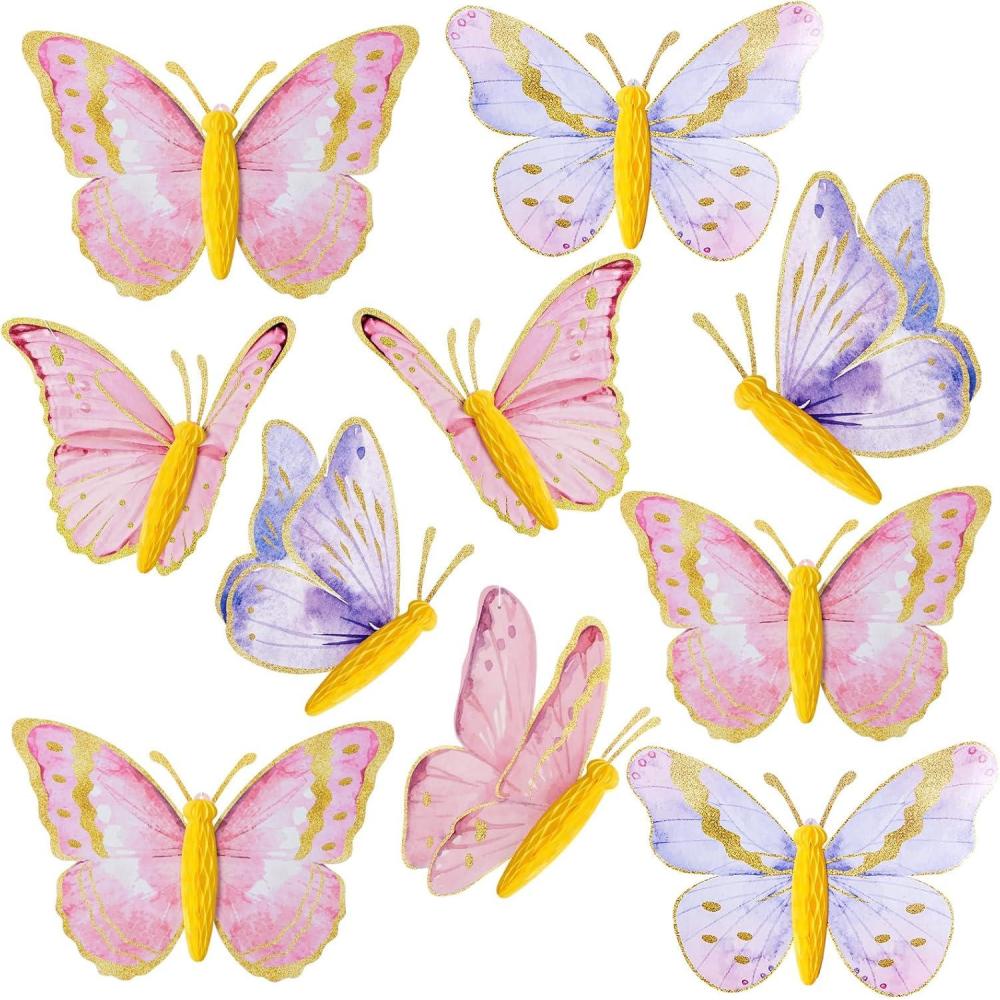 imageSUNBEAUTY 10 Pcs Butterfly Party Decorations 3D Birthday Decoration Pink Purple Hanging Honeycomb Decor for Girls Women Birthday Baby Shower Wedding Garden Party Supplies Pink Purple Butterfly