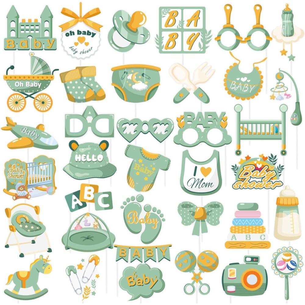 imageSUNBEAUTY 14 Pcs Tea Party Photo Booth Props Tea Party Decorations Alice in Wonderland Party Supplies Garden Party Bridal Shower for Girls WomenSage Green Baby Shower