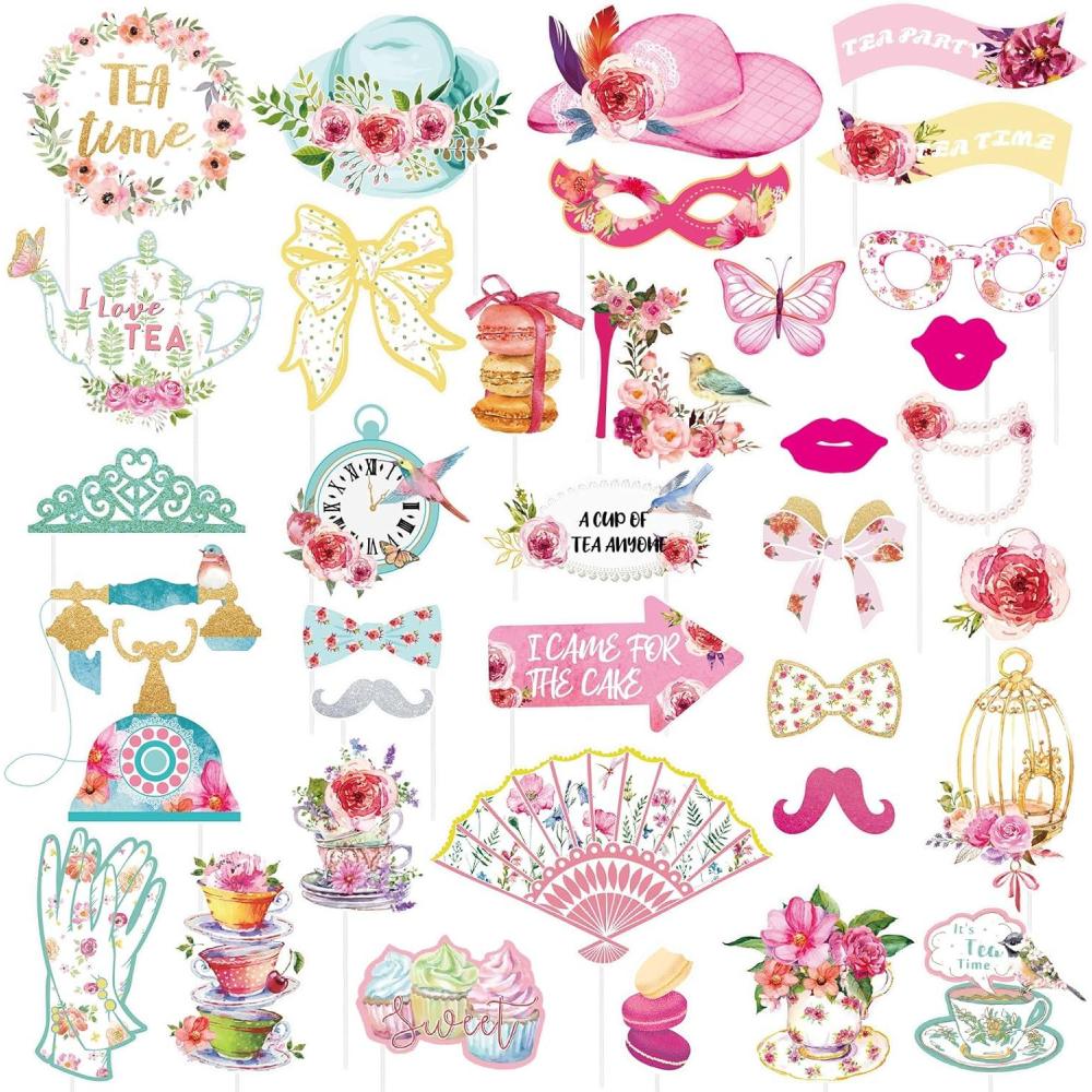 imageSUNBEAUTY 14 Pcs Tea Party Photo Booth Props Tea Party Decorations Alice in Wonderland Party Supplies Garden Party Bridal Shower for Girls WomenTea Party