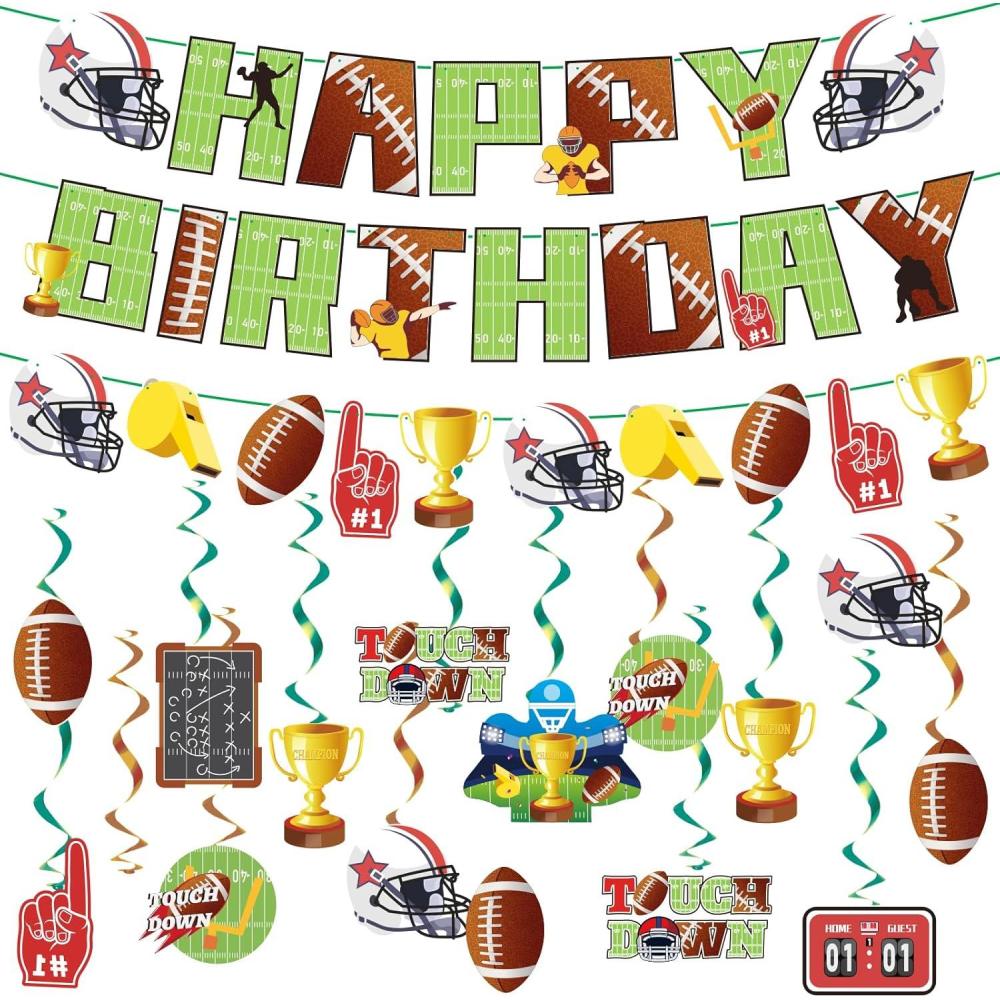 imageSUNBEAUTY 26PCS Soccer Birthday Party Decorations Prestrung 82 Feet Soccer Happy Birthday Banner Soccer Hanging Swirls Party Decorations for Kids Boys Bday Party DecorFootball