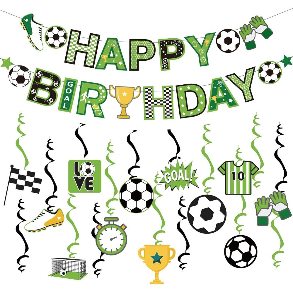 imageSUNBEAUTY 26PCS Soccer Birthday Party Decorations Prestrung 82 Feet Soccer Happy Birthday Banner Soccer Hanging Swirls Party Decorations for Kids Boys Bday Party DecorGreensoccer