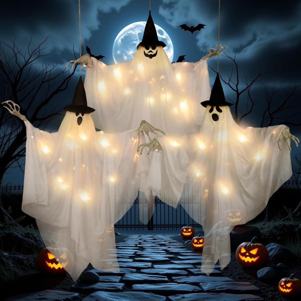 imageSUNBEAUTY Hanging Ghost Halloween Decorations OutdoorIndoor3Pcs Ghost Decor with Light Halloween Ornaments Hallowee n Decor for Tree Yard Window GardenWhite Black 3
