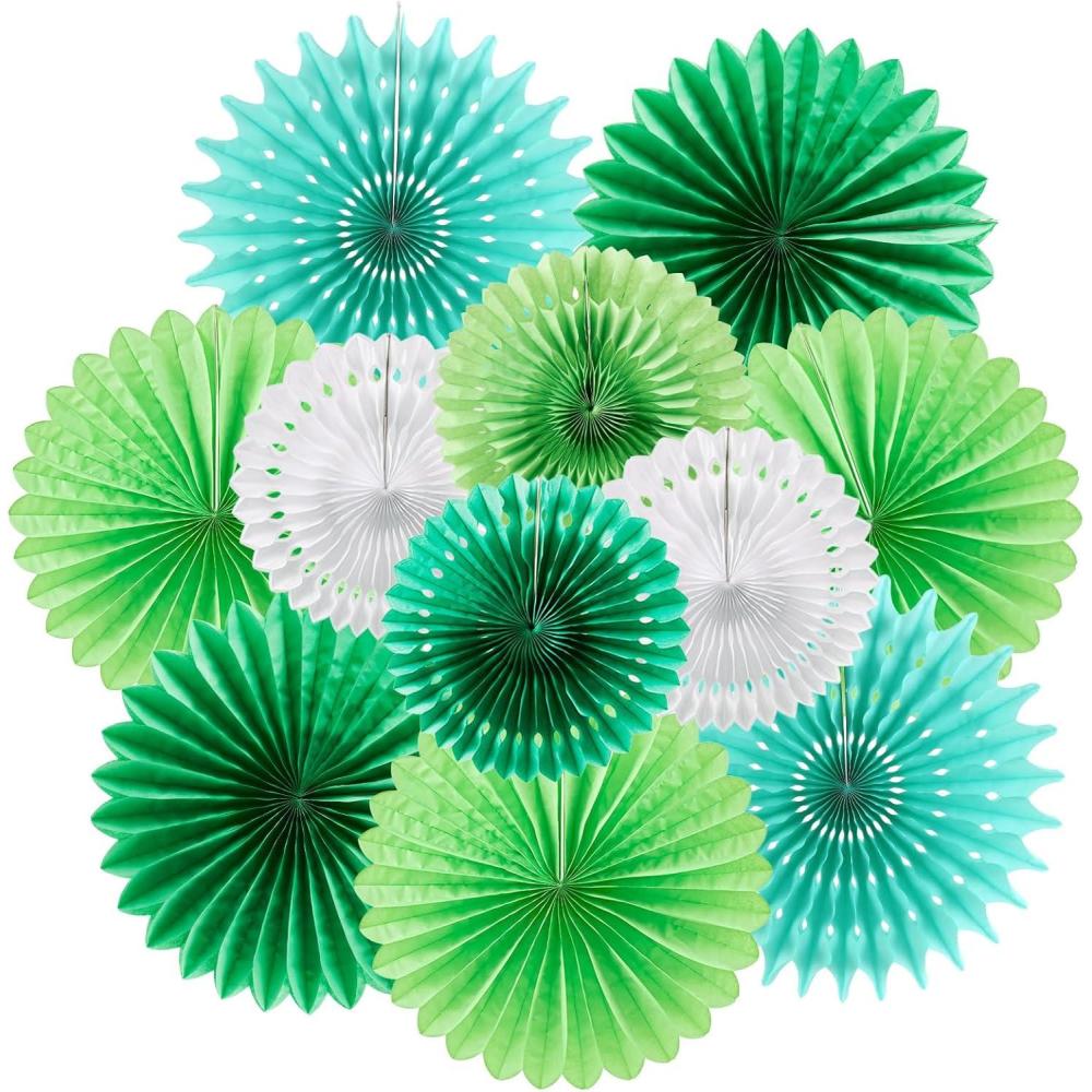 imageSUNBEAUTY Pack of 11 Purple Lavender Blue Hanging Honeycomb Paper Fans Decoration Mermaid Theme Tissue Paper Fan Garland for Baby Shower Girl Kid Birthday Under The Sea Wedding Party SuppliesGreen Decoration