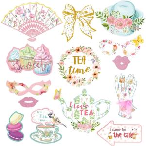 SUNBEAUTY 14 Pcs Tea Party Photo Booth Props Tea Party Decorations Alice in Wonderland Party Supplies Garden Party Bridal Shower for Girls Women(Photo Booth Props-tea Party)