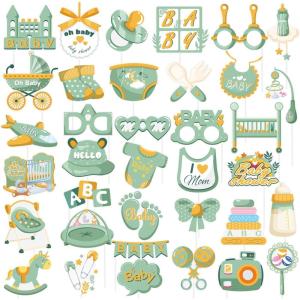 SUNBEAUTY 14 Pcs Tea Party Photo Booth Props Tea Party Decorations Alice in Wonderland Party Supplies Garden Party Bridal Shower for Girls Women(Sage Green Baby Shower)