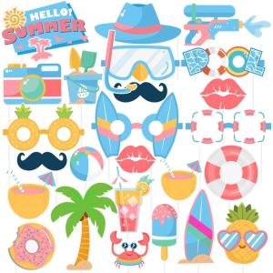 SUNBEAUTY 14 Pcs Tea Party Photo Booth Props Tea Party Decorations Alice in Wonderland Party Supplies Garden Party Bridal Shower for Girls Women(Summer Beach)