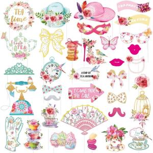 SUNBEAUTY 14 Pcs Tea Party Photo Booth Props Tea Party Decorations Alice in Wonderland Party Supplies Garden Party Bridal Shower for Girls Women(Tea Party)