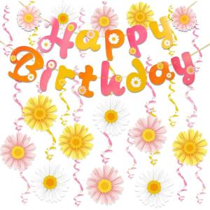SUNBEAUTY 26PCS Soccer Birthday Party Decorations Pre-strung 8.2 Feet Soccer Happy Birthday Banner Soccer Hanging Swirls Party Decorations for Kids Boys’ Bday Party Decor(Daisy)