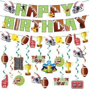 SUNBEAUTY 26PCS Soccer Birthday Party Decorations Pre-strung 8.2 Feet Soccer Happy Birthday Banner Soccer Hanging Swirls Party Decorations for Kids Boys’ Bday Party Decor(Football)