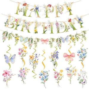 SUNBEAUTY 26PCS Soccer Birthday Party Decorations Pre-strung 8.2 Feet Soccer Happy Birthday Banner Soccer Hanging Swirls Party Decorations for Kids Boys’ Bday Party Decor(Wildflower-butterfly-leaf)