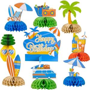 SUNBEAUTY 9 PCS Beach Honeycomb Centerpieces Beach Themed Birthday Party Decorations Pool Birthday Party Decorations Summer Themed Party Decorations(Beach)