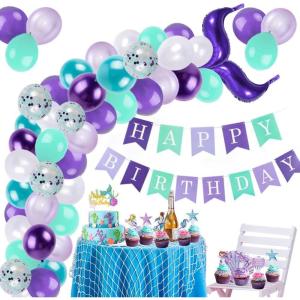SUNBEAUTY Mermaid Birthday Party Balloons Garlands Kit Happy Birthday Banners Mermaid Cake Toppers Mermaid Tail Ballon Garland Set For Girls Mermaid Ocean Birthday Baby Shower Party Decorations
