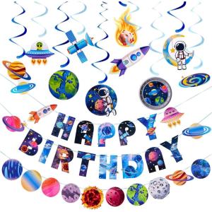 SUNBEAUTY Solar System Birthday Party Decorations Outer Space Happy Birthday Banner Planet Rocket Astronaut Hanging Swirls for Kids Baby Shower First Trip Around The Sun School Supplies(Exploring the Universe)