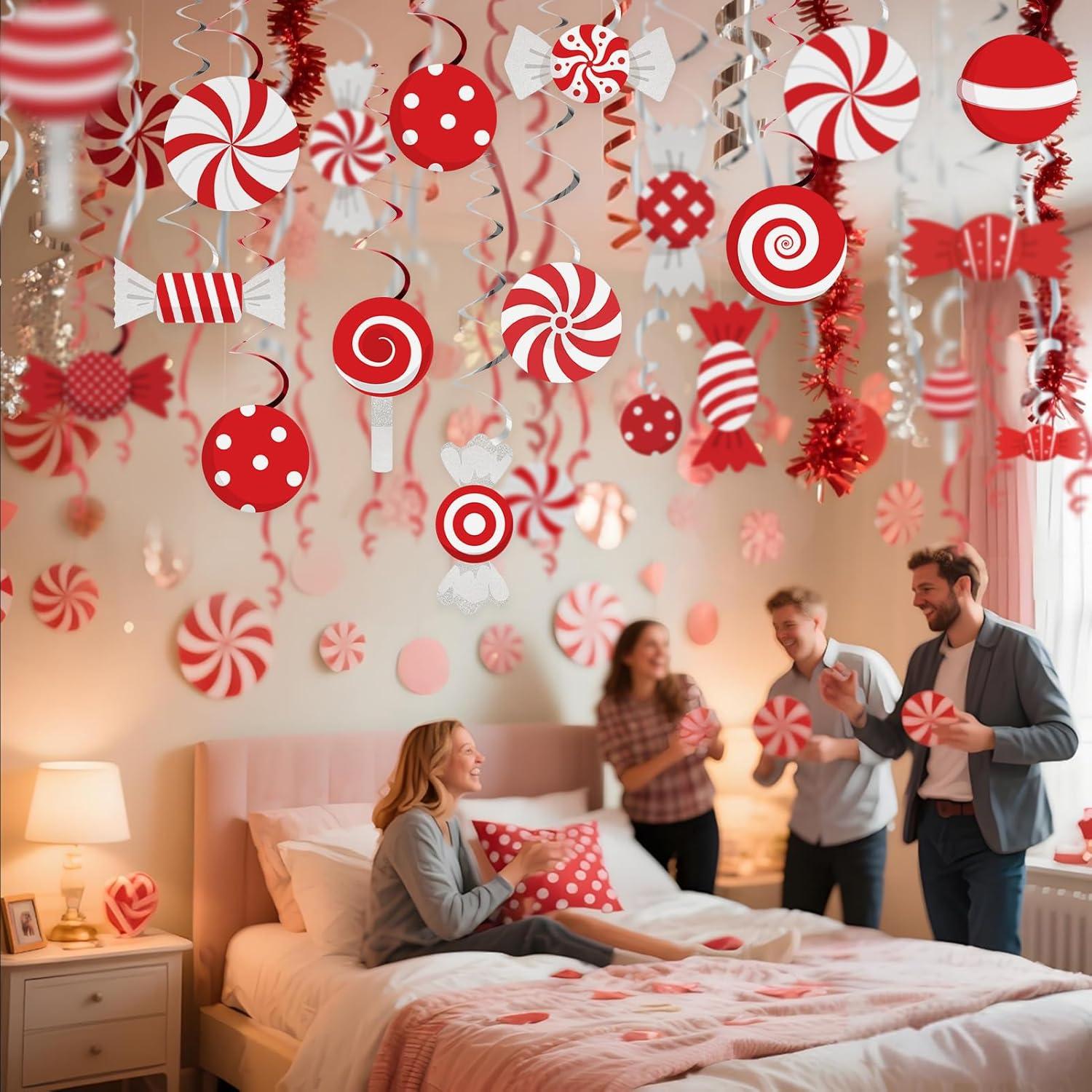 imageSUNBEAUTY 48PCS Red White Candy Hanging Swirls Decorations Candy Themed Party Decorations Candy Land Party Decorations for Kids Baby Shower Boys and Girls Birthday Party Sweet Shop Home Classroom