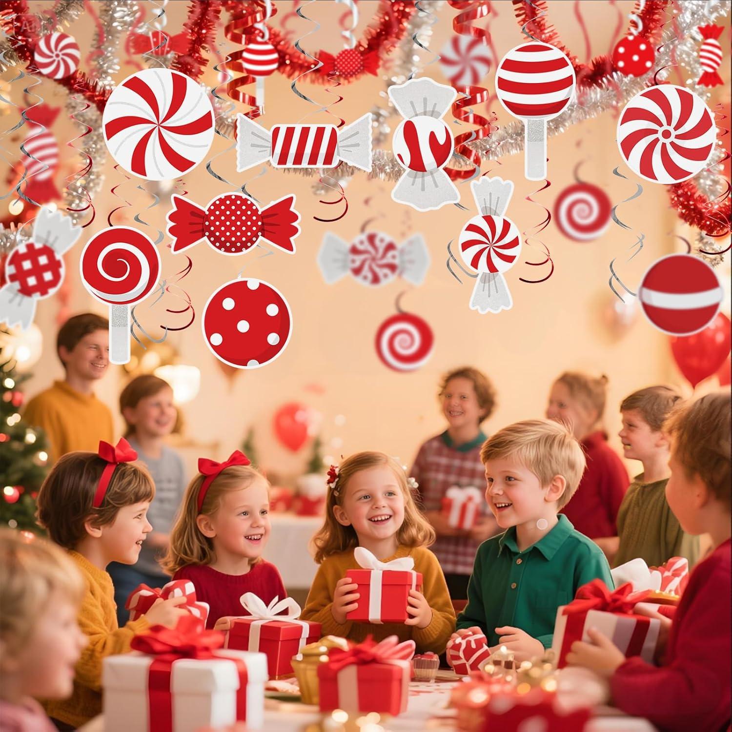 imageSUNBEAUTY 48PCS Red White Candy Hanging Swirls Decorations Candy Themed Party Decorations Candy Land Party Decorations for Kids Baby Shower Boys and Girls Birthday Party Sweet Shop Home Classroom