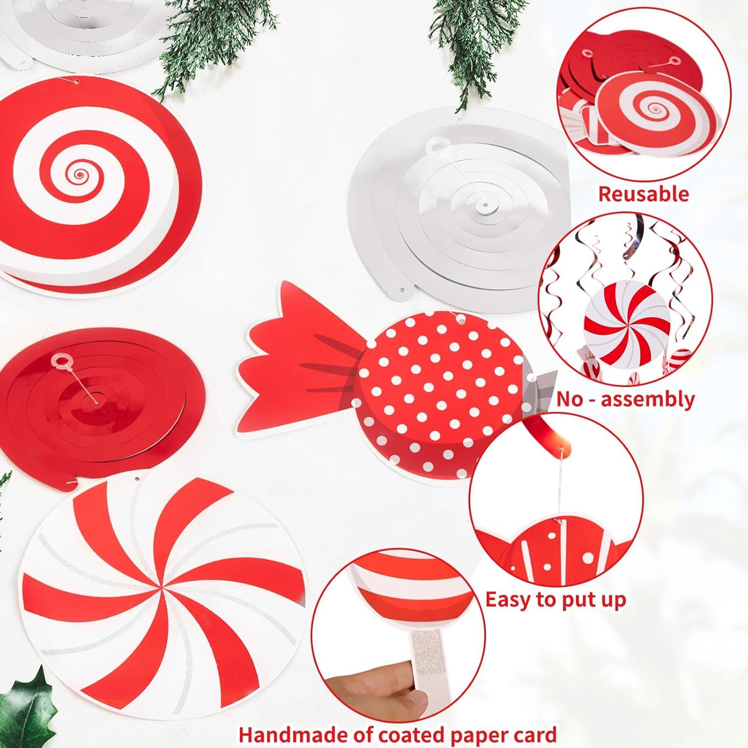 imageSUNBEAUTY 48PCS Red White Candy Hanging Swirls Decorations Candy Themed Party Decorations Candy Land Party Decorations for Kids Baby Shower Boys and Girls Birthday Party Sweet Shop Home Classroom