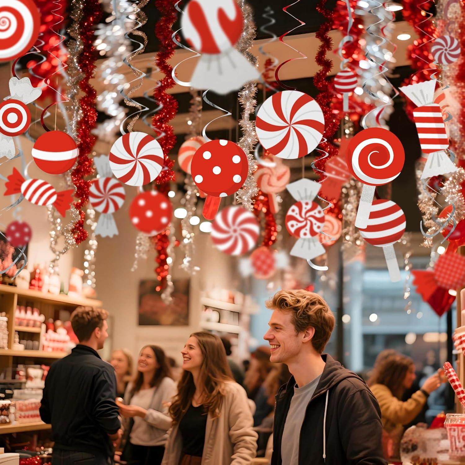 imageSUNBEAUTY 48PCS Red White Candy Hanging Swirls Decorations Candy Themed Party Decorations Candy Land Party Decorations for Kids Baby Shower Boys and Girls Birthday Party Sweet Shop Home Classroom