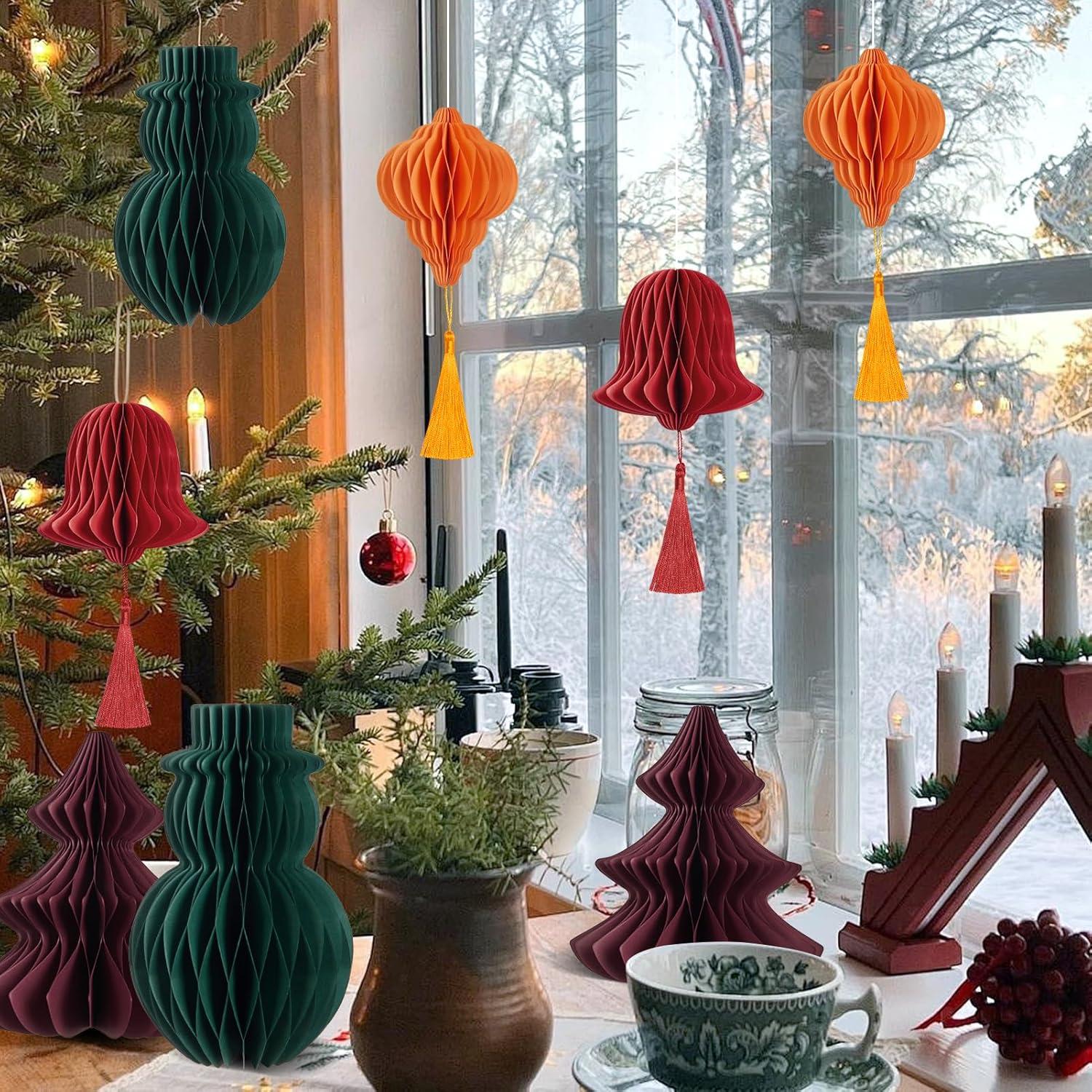 imageSUNBEAUTY 8 PCS Christmas Party Decorations Hanging Honeycomb Decorations with Tassels Snowman Christmas Tree Lantern Bell Hanging Ornaments for Christmas Tree Dcor New Years Party Home Decor