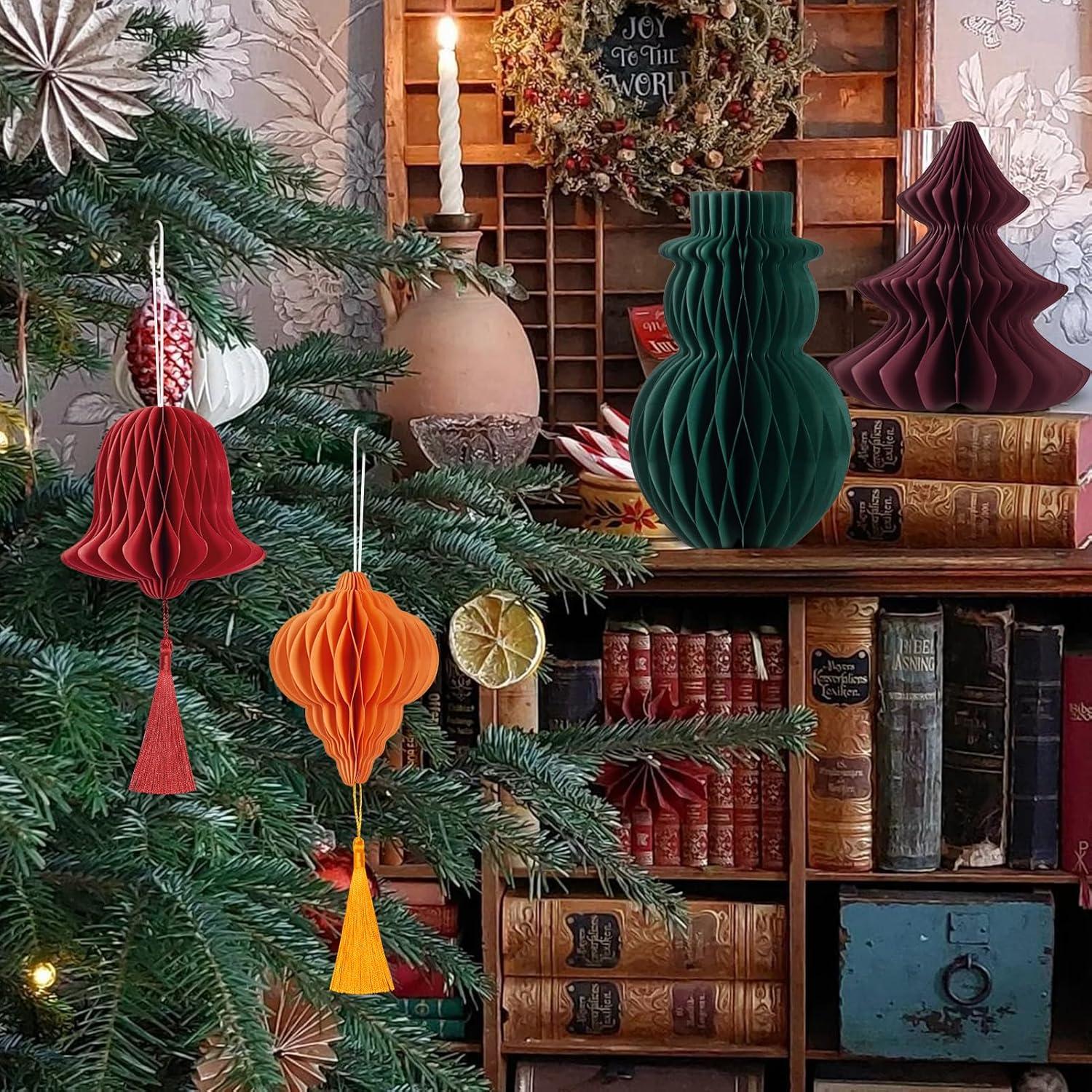 imageSUNBEAUTY 8 PCS Christmas Party Decorations Hanging Honeycomb Decorations with Tassels Snowman Christmas Tree Lantern Bell Hanging Ornaments for Christmas Tree Dcor New Years Party Home Decor