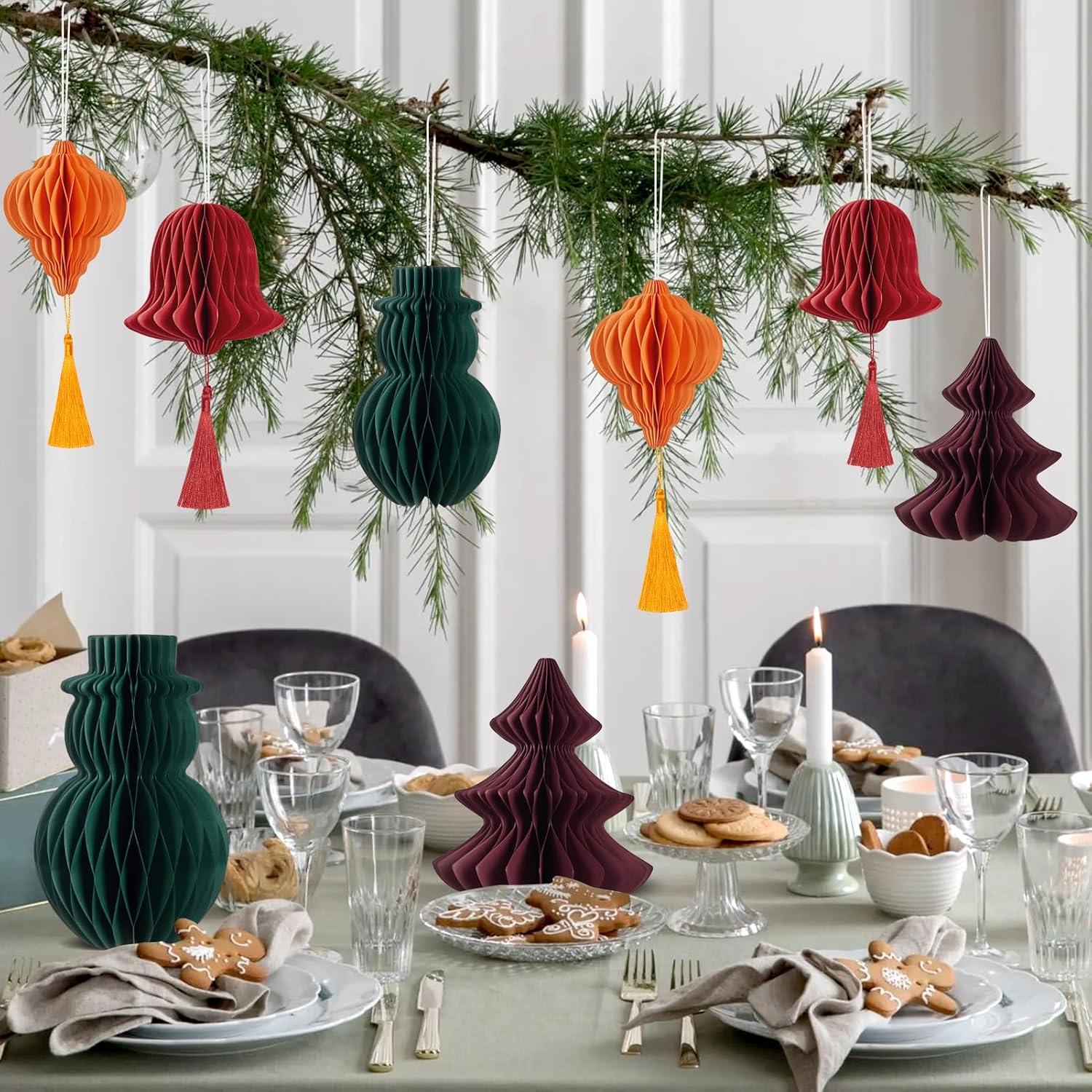 imageSUNBEAUTY 8 PCS Christmas Party Decorations Hanging Honeycomb Decorations with Tassels Snowman Christmas Tree Lantern Bell Hanging Ornaments for Christmas Tree Dcor New Years Party Home Decor
