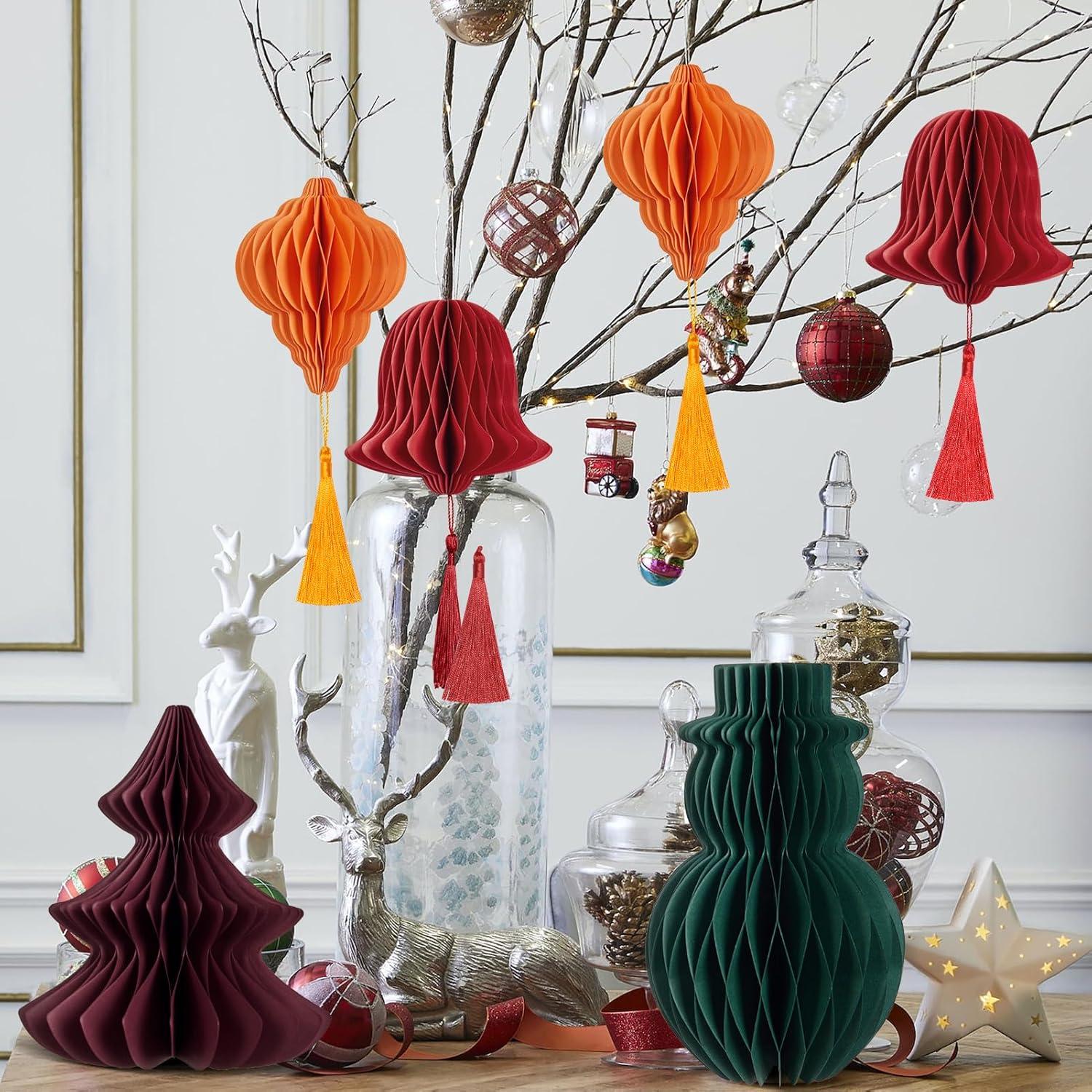 imageSUNBEAUTY 8 PCS Christmas Party Decorations Hanging Honeycomb Decorations with Tassels Snowman Christmas Tree Lantern Bell Hanging Ornaments for Christmas Tree Dcor New Years Party Home Decor