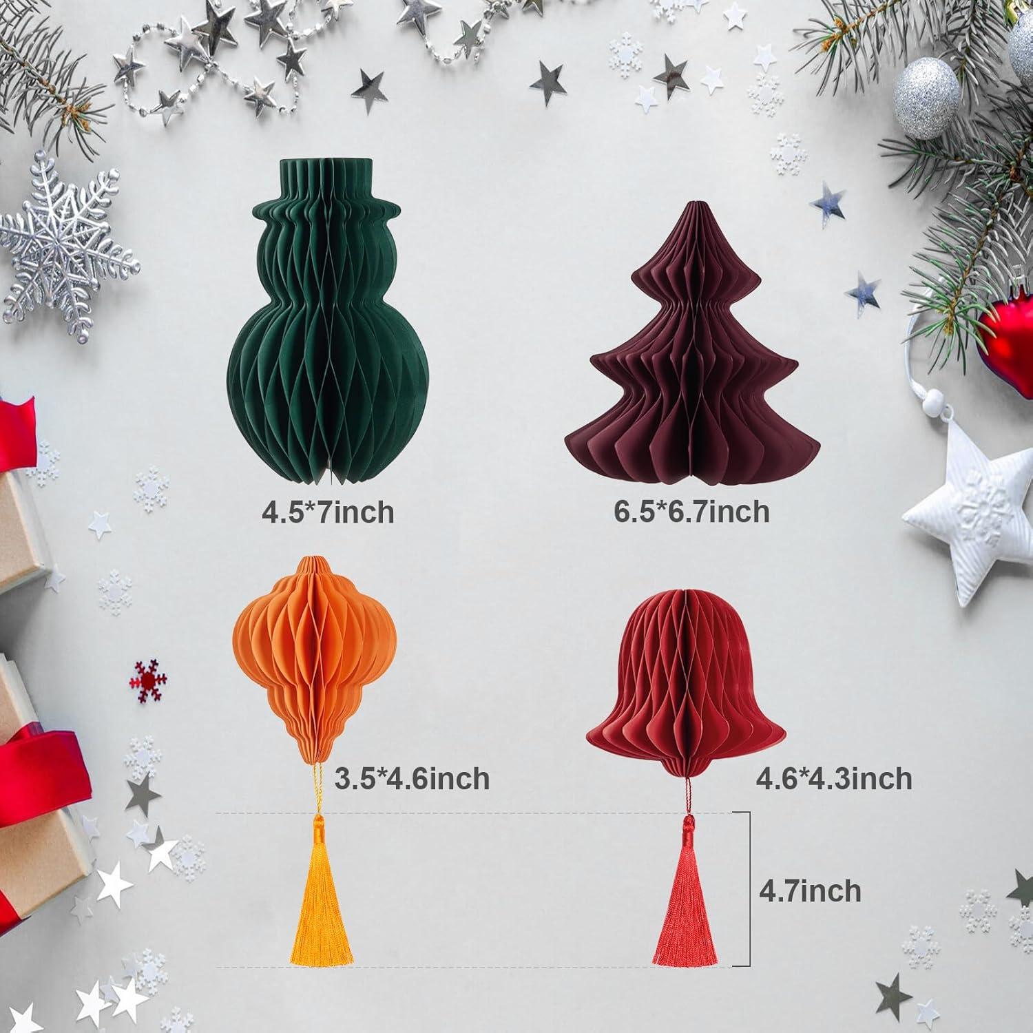 imageSUNBEAUTY 8 PCS Christmas Party Decorations Hanging Honeycomb Decorations with Tassels Snowman Christmas Tree Lantern Bell Hanging Ornaments for Christmas Tree Dcor New Years Party Home Decor