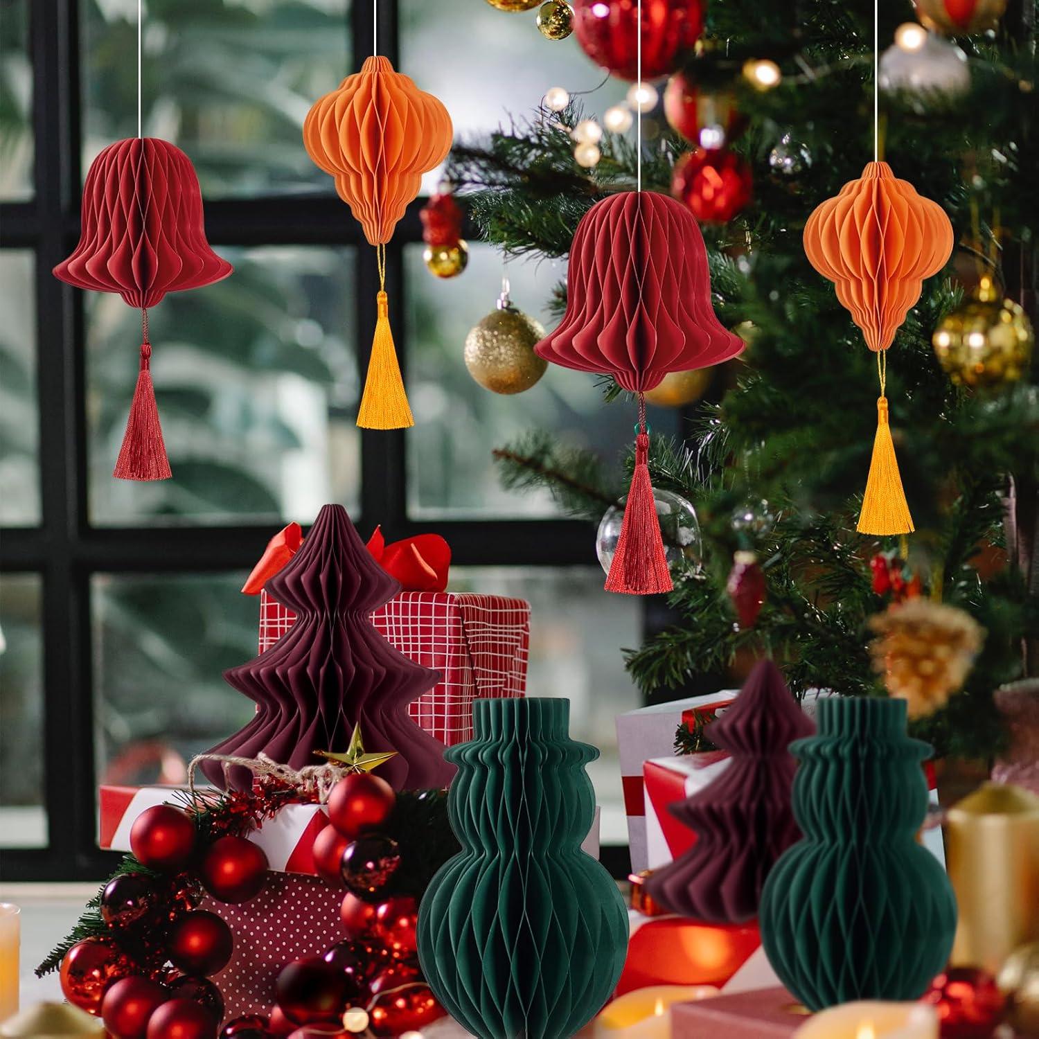 imageSUNBEAUTY 8 PCS Christmas Party Decorations Hanging Honeycomb Decorations with Tassels Snowman Christmas Tree Lantern Bell Hanging Ornaments for Christmas Tree Dcor New Years Party Home Decor