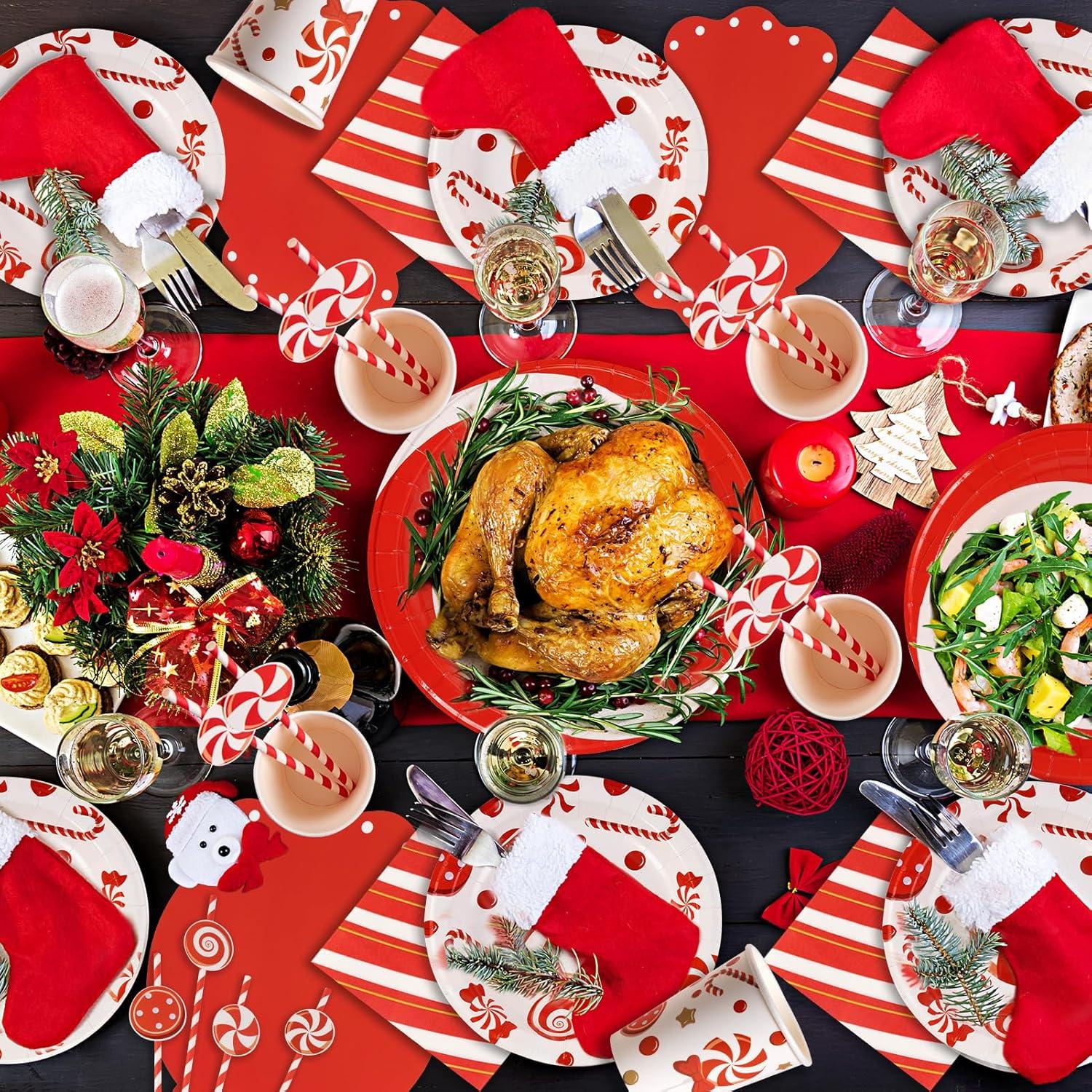 imageSUNBEAUTY 96 Pcs Christmas Candy Cane Party Plates and Napkins Party Supplies Christmas Party Tableware Set Red and White Xmas Decorations Candy Cane Xmas Decorations Serves 16 Guests