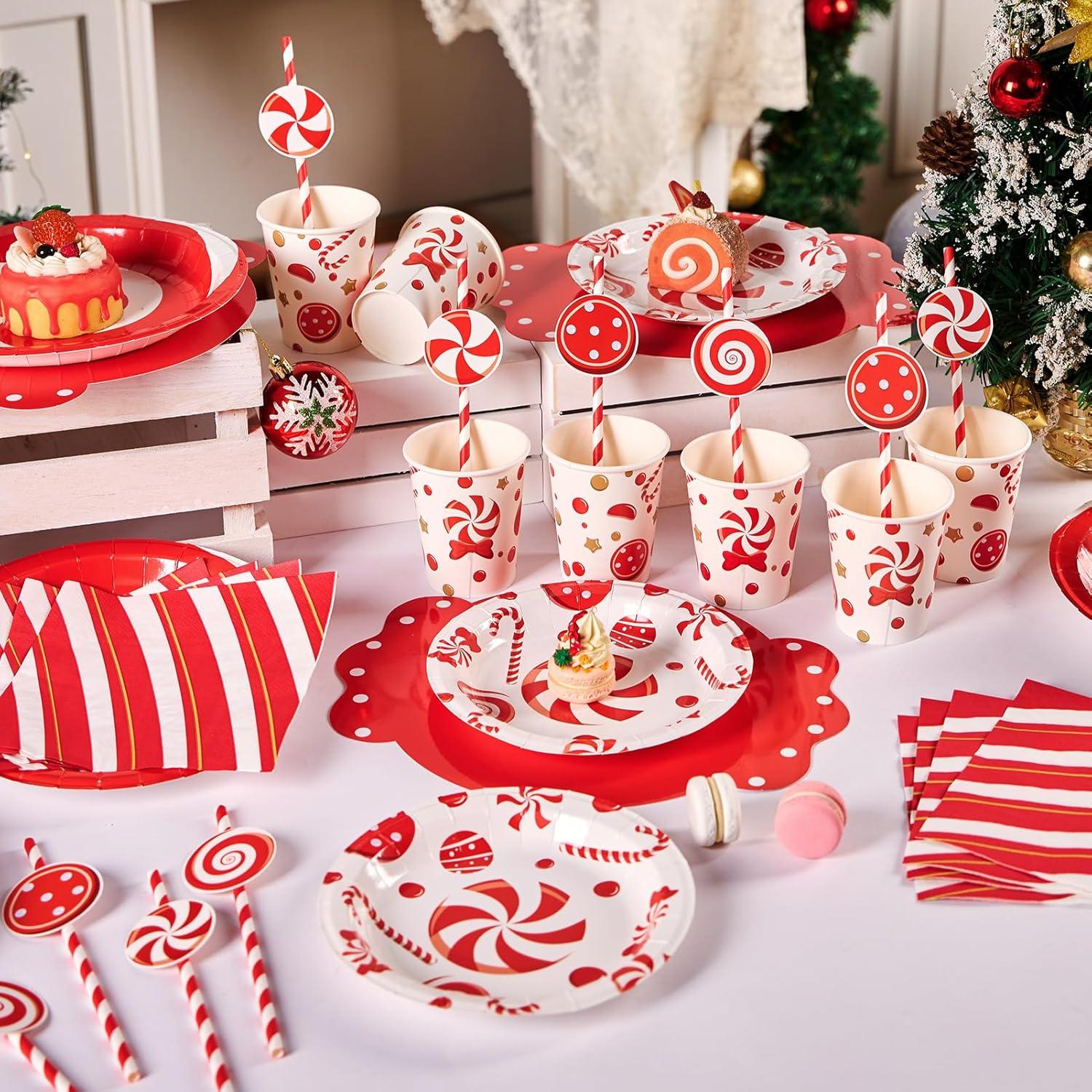 imageSUNBEAUTY 96 Pcs Christmas Candy Cane Party Plates and Napkins Party Supplies Christmas Party Tableware Set Red and White Xmas Decorations Candy Cane Xmas Decorations Serves 16 Guests