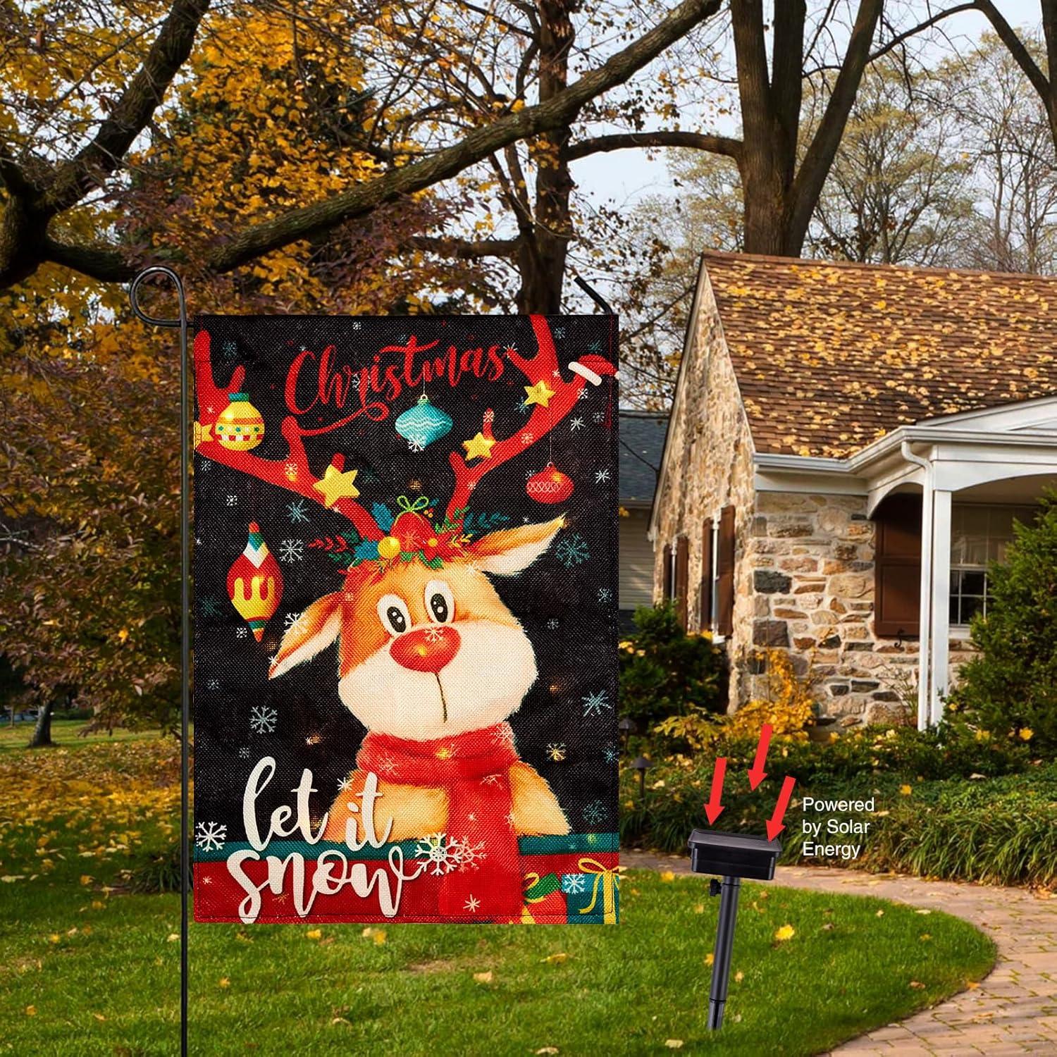 imageSUNBEAUTY Lighted Winter Elk Deer Garden Flag 125x18 DoubleSided for Outdoor Yard Lawn Decoration No FlagpoleElk Deer
