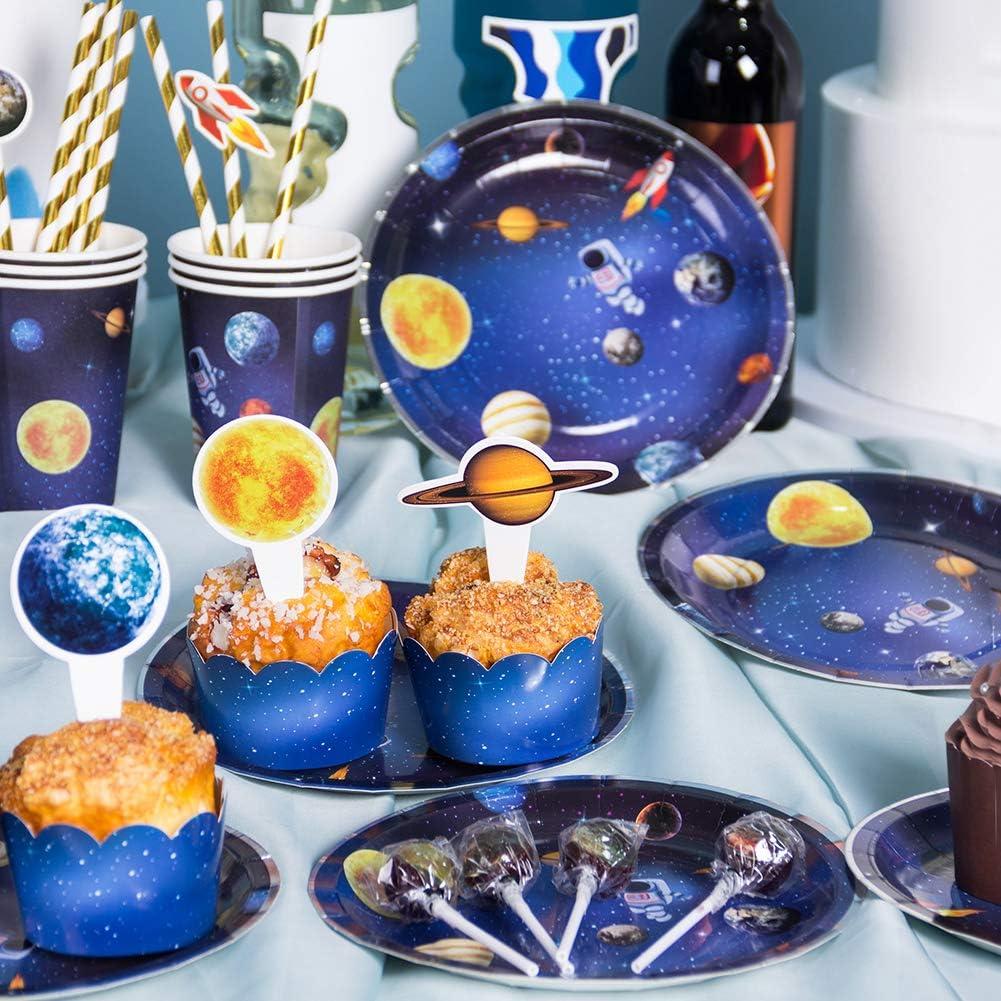 imageSUNBEAUTY Space Birthday Decorations 88 Pcs Outer Space Party Supplies Galaxy Planet Happy Birthday Banner Cake Toppers Cupcake Wrappers Paper Cups Plates Straws for Boys Kids