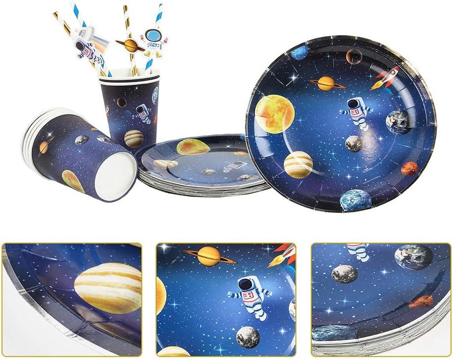 imageSUNBEAUTY Space Birthday Decorations 88 Pcs Outer Space Party Supplies Galaxy Planet Happy Birthday Banner Cake Toppers Cupcake Wrappers Paper Cups Plates Straws for Boys Kids