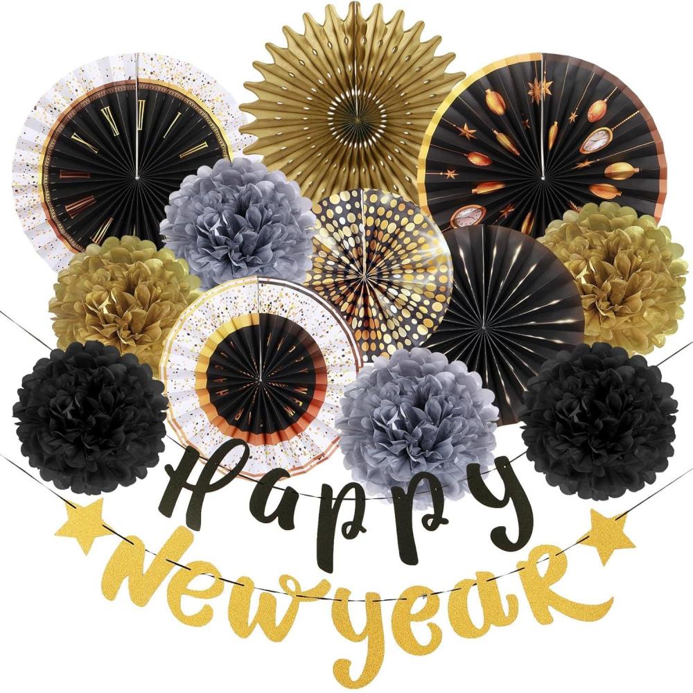 imageSUNBEAUTY 10 Pcs Brown Party Decorations Rustic Paper Natural Birthday Party Decorations Hanging Lanterns Tissue Paper Pom Poms Cream Folding Fans Kit for Girl WomenGold Black