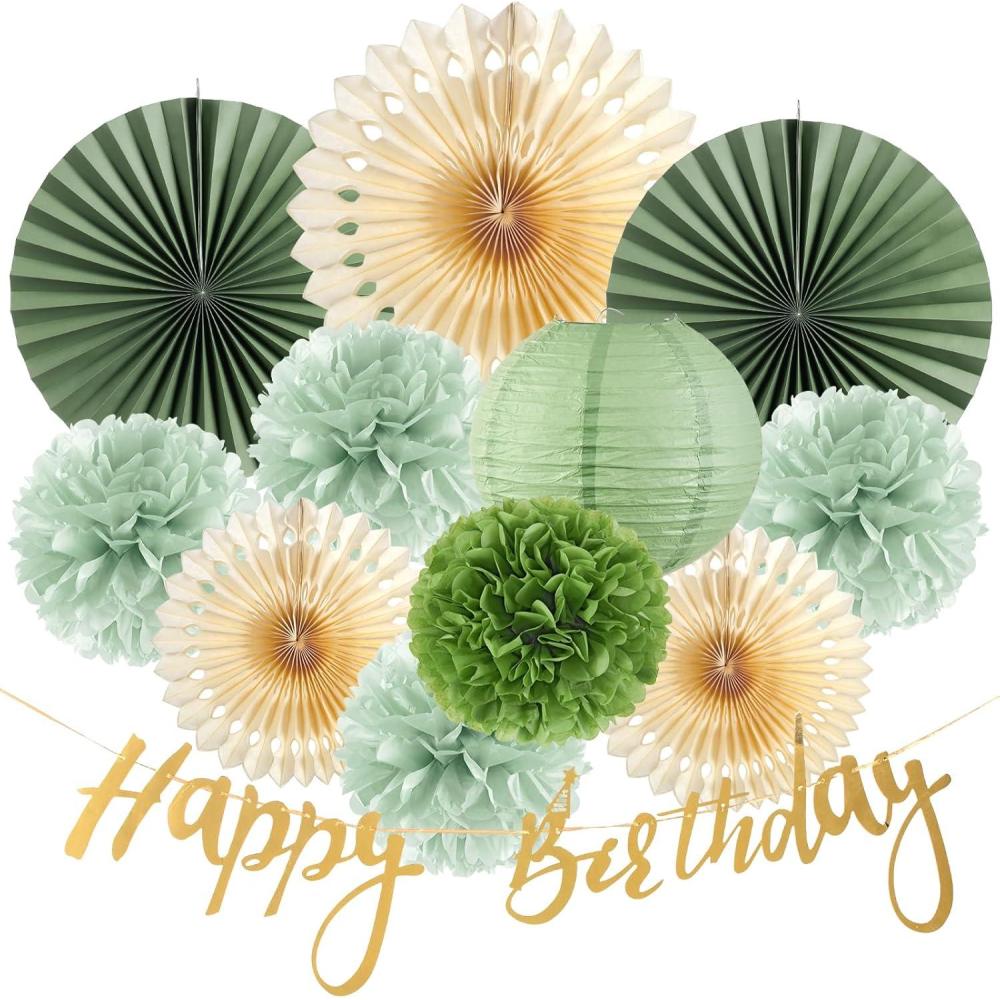 imageSUNBEAUTY 10 Pcs Brown Party Decorations Rustic Paper Natural Birthday Party Decorations Hanging Lanterns Tissue Paper Pom Poms Cream Folding Fans Kit for Girl WomenSage Green