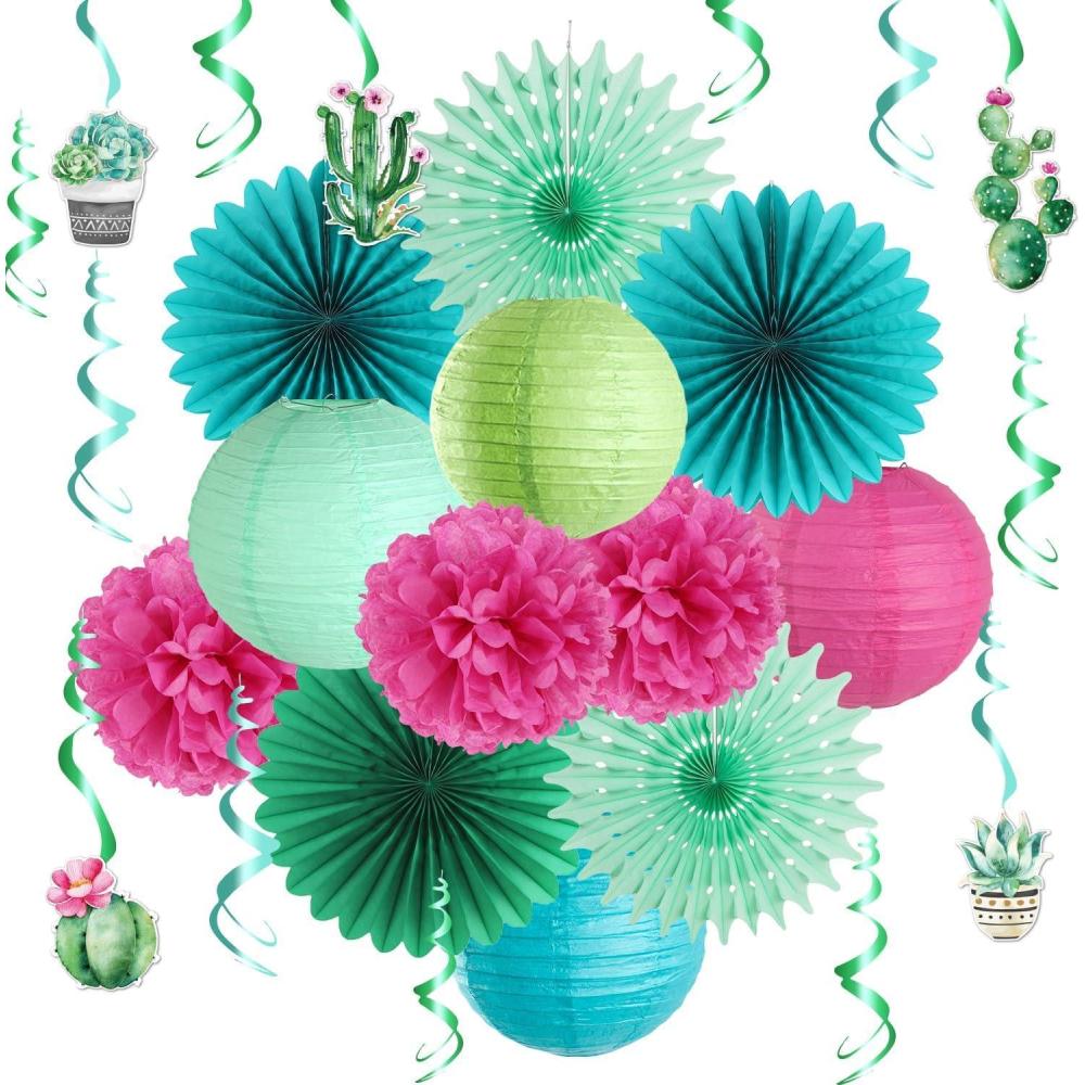 imageSUNBEAUTY 10 Pcs Brown Party Decorations Rustic Paper Natural Birthday Party Decorations Hanging Lanterns Tissue Paper Pom Poms Cream Folding Fans Kit for Girl WomenTeal Green