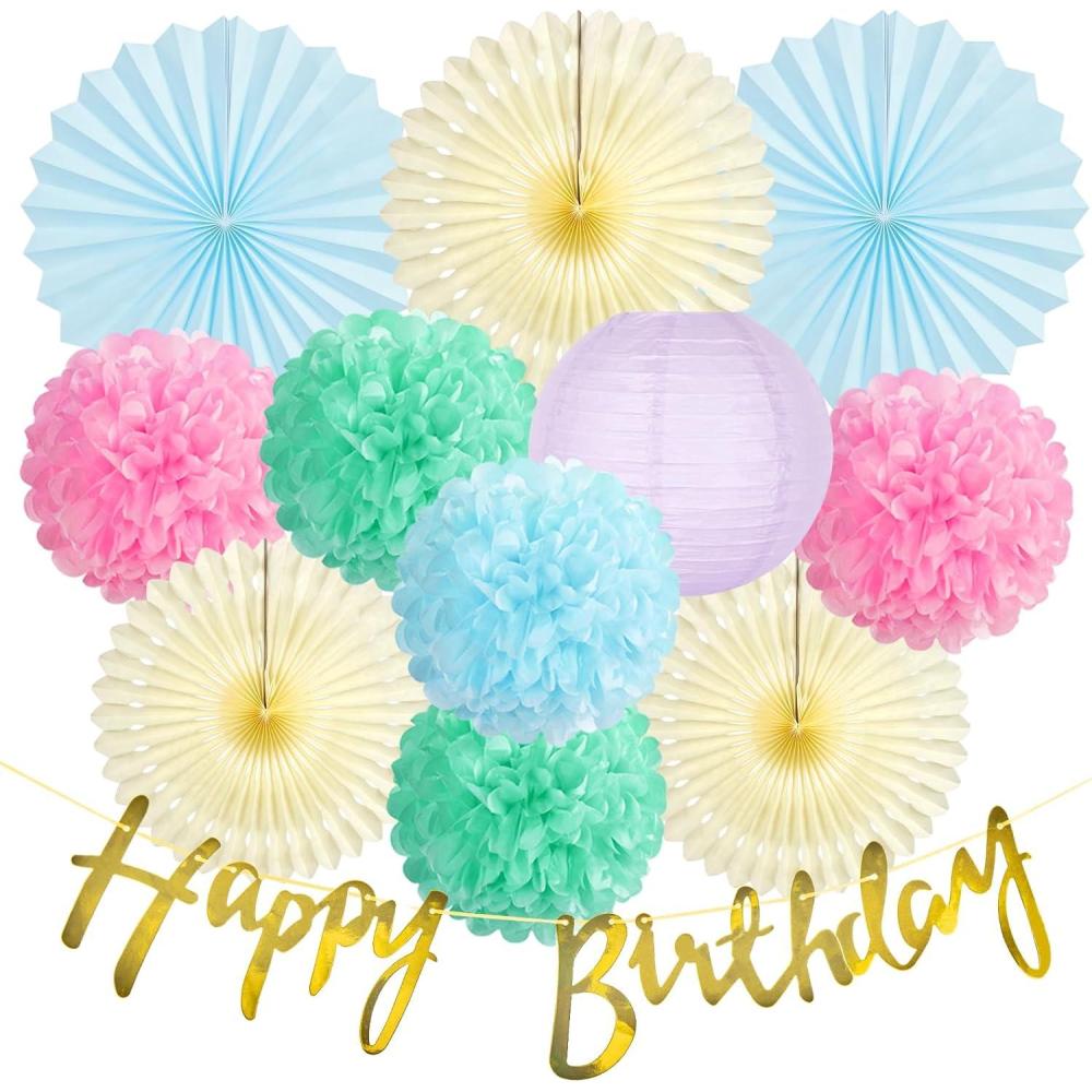 imageSUNBEAUTY 10 Pcs Brown Party Decorations Rustic Paper Natural Birthday Party Decorations Hanging Lanterns Tissue Paper Pom Poms Cream Folding Fans Kit for Girl WomenPastel