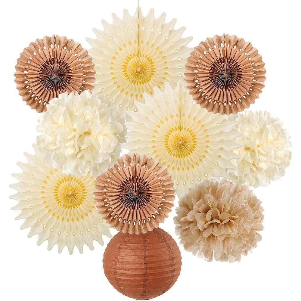 imageSUNBEAUTY 10 Pcs Brown Party Decorations Rustic Paper Natural Birthday Party Decorations Hanging Lanterns Tissue Paper Pom Poms Cream Folding Fans Kit for Girl Women3 Pompoms Decoration