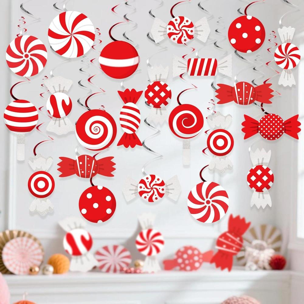 imageSUNBEAUTY 48PCS Red White Candy Hanging Swirls Decorations Candy Themed Party Decorations Candy Land Party Decorations for Kids Baby Shower Boys and Girls Birthday Party Sweet Shop Home Classroom