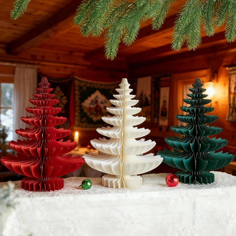 imageSUNBEAUTY 4PCS Paper Christmas Tree Honeycomb Centerpiece 3D Xmas Trees Table Centerpiece Paper Tree Christmas Home Decoration Vintage Christmas Decorations for Home Xmas Holiday PartyRedwhitegreen