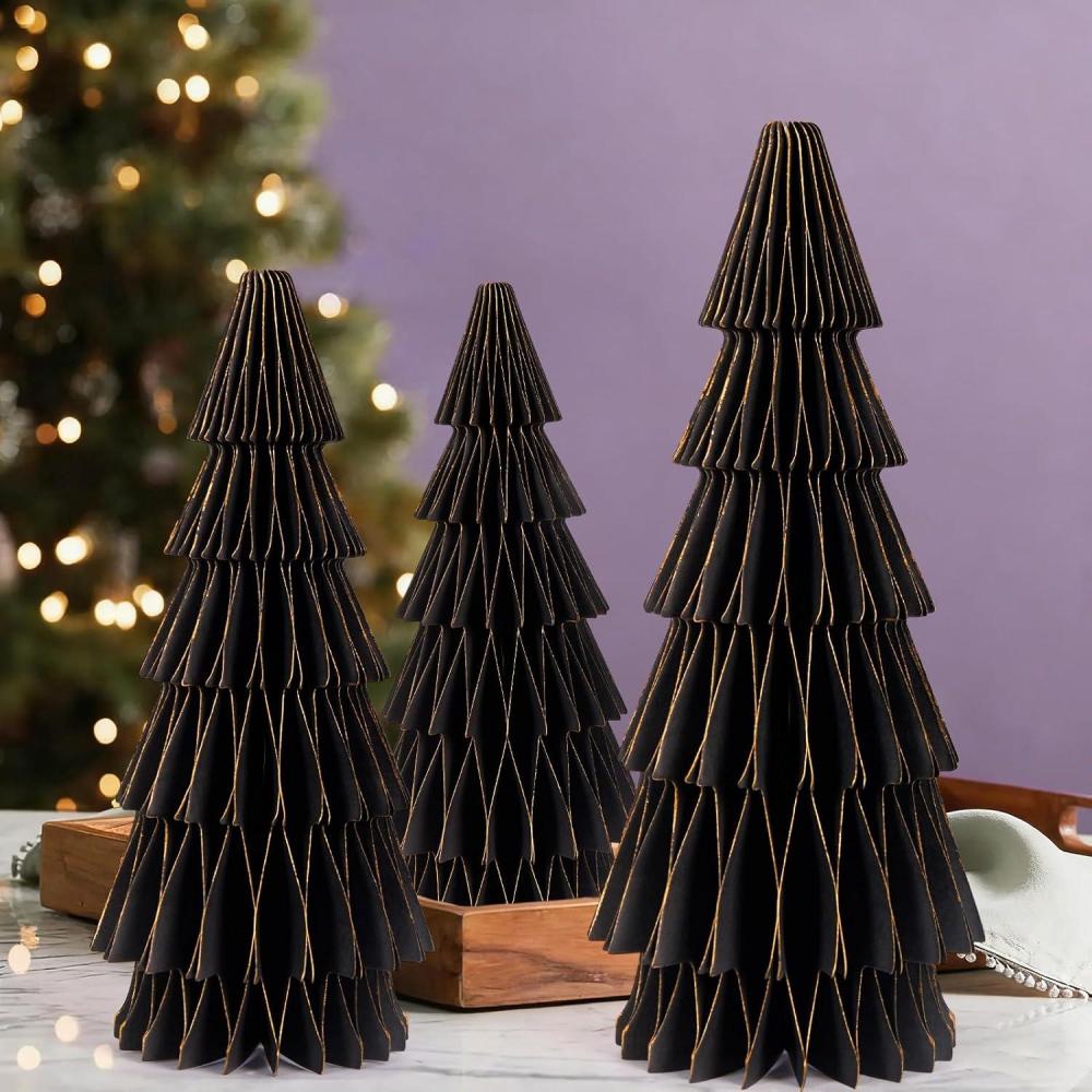 imageSUNBEAUTY 4PCS Paper Christmas Tree Honeycomb Centerpiece 3D Xmas Trees Table Centerpiece Paper Tree Christmas Home Decoration Vintage Christmas Decorations for Home Xmas Holiday PartyBlack and Gold Honeycomb Paper Christmas Tree